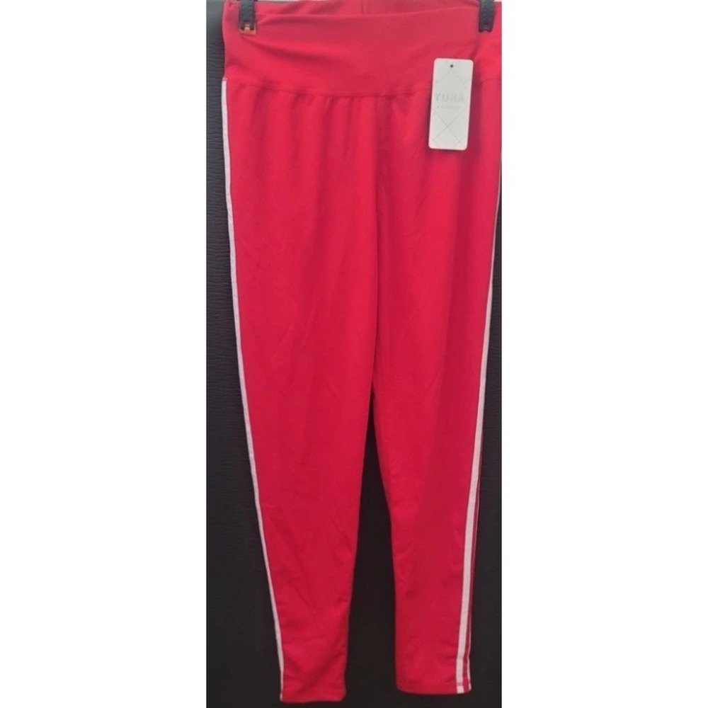 Yuna Fashion Red High Waisted Leggings White Side Stripe Athletic Yoga Pants